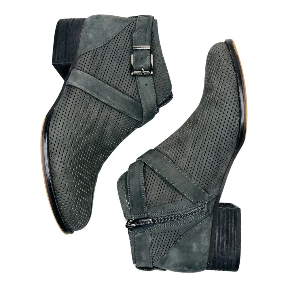 Vince Camuto Casha Gray Perforated Suede Side Zip Buckled Accent Ankle Boot